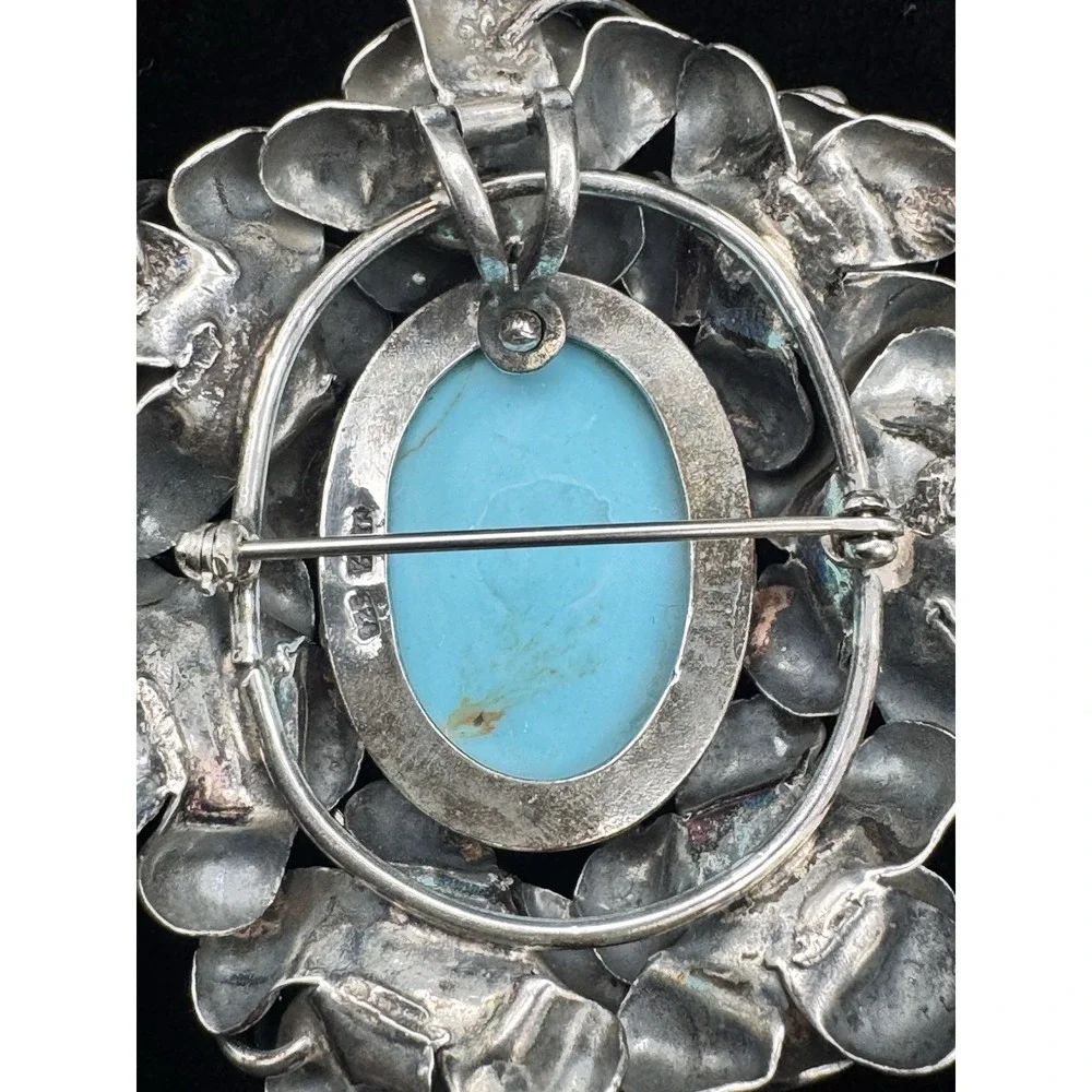 Sterling Silver 925 Thailand Turquoise Rose Flowers Pendant Brooch Stamped TH